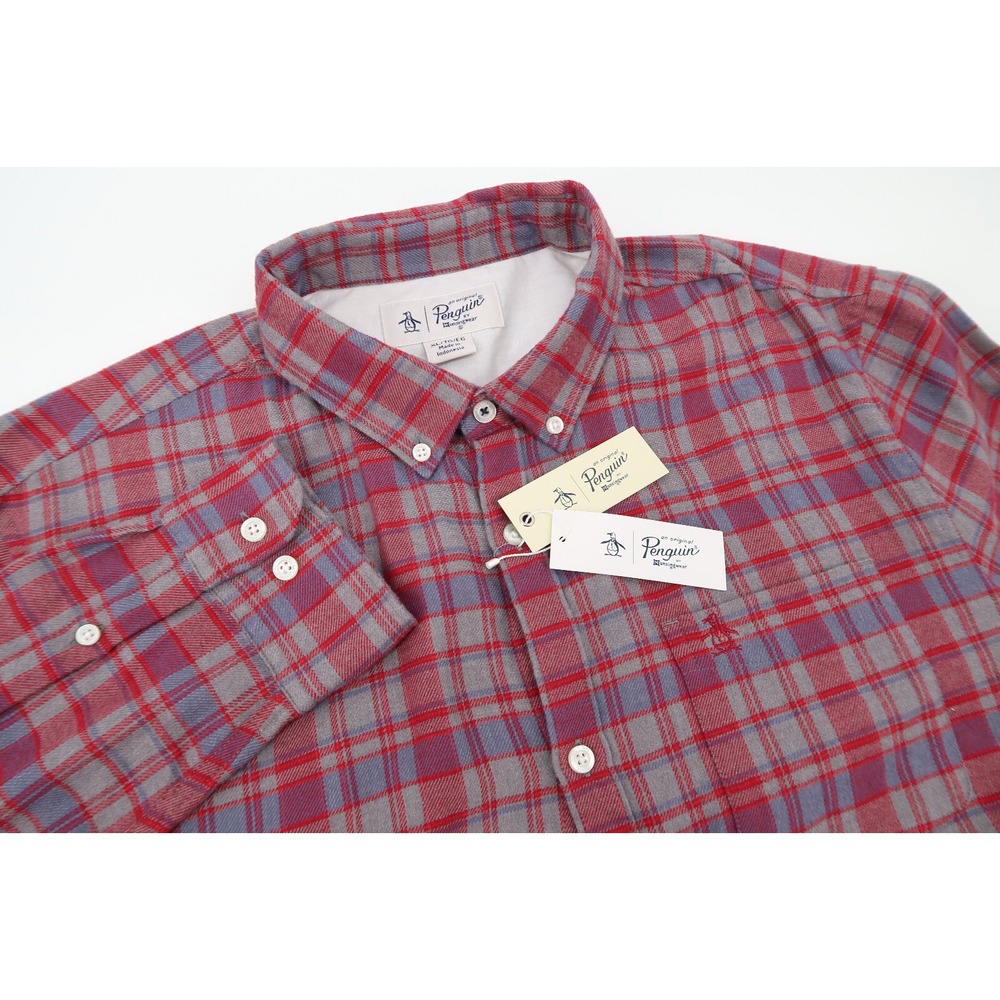 Original Penguin Men's XL Red Gray Plaid Long Sleeve Woven Flannel Pocket Shirt